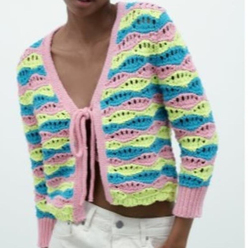 Zara Open Knit Tie Front Cardigan Pink & Blue Striped Open Sweater Size Small